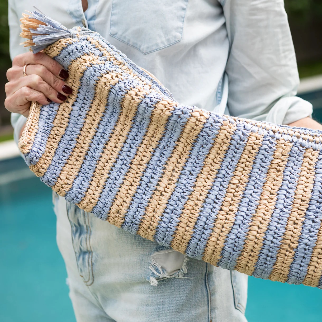 Purple & Tan Raffia Mahjong Tile Bag - Image 4